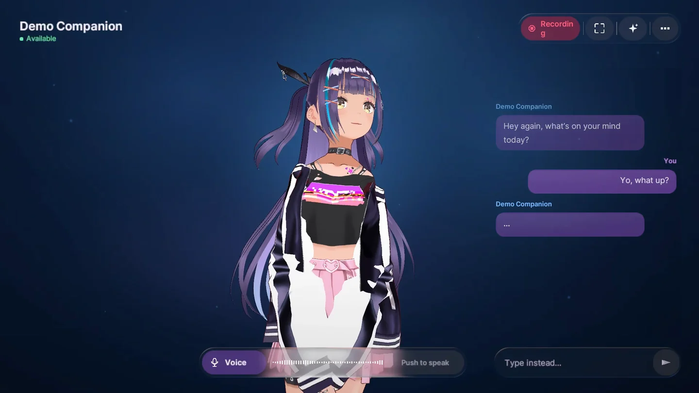 Real Mac prototype showing a temporary animated test avatar, live conversation, and voice controls